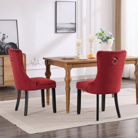 Classic Velvet Dining Chairs, High-end Tufted Solid Wood Contemporary Velvet Upholstered Dining Chair with Wood Legs, Set of 2, Wine