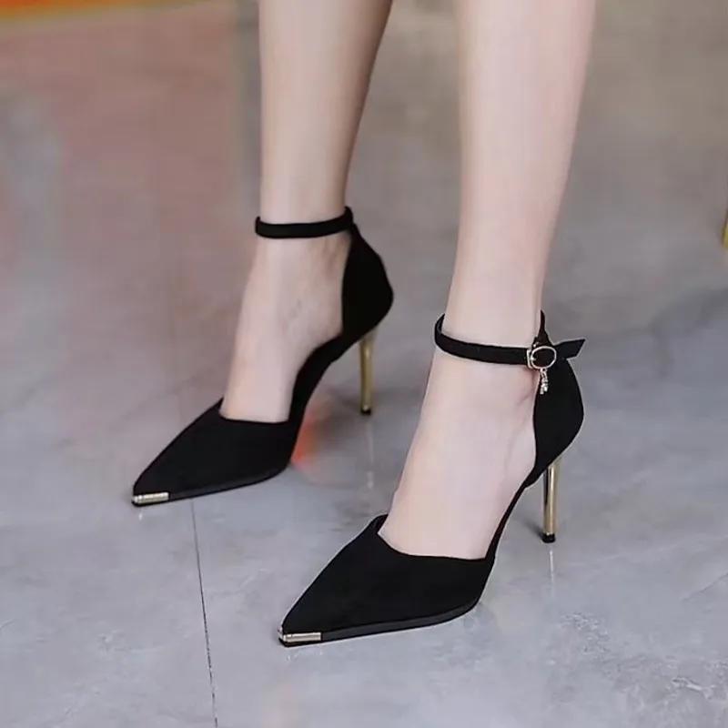 Spring and Autumn High Heel Women 2025 New Versatile Thin Heel Professional Pointed Black Buckle Strap Single Shoes Women
