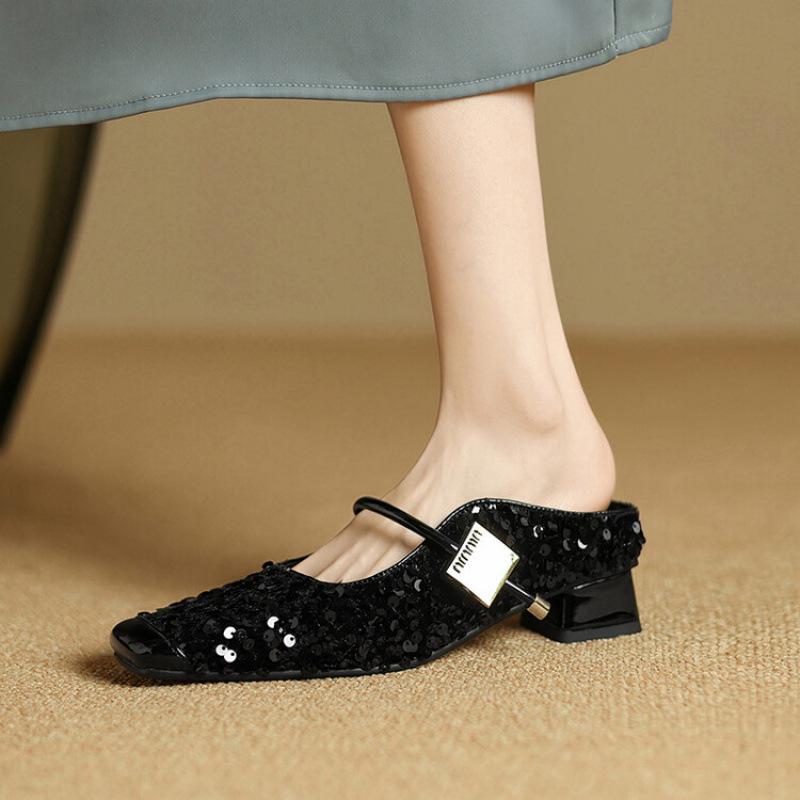 

Новые летние размерные сумки, головные тапочки, повседневные, с пайетками, фиксирующие стопу, на одной педали, прохладные тапочки, мягкая подошва, тапочки на плоской подошве, женские 39 чёрный