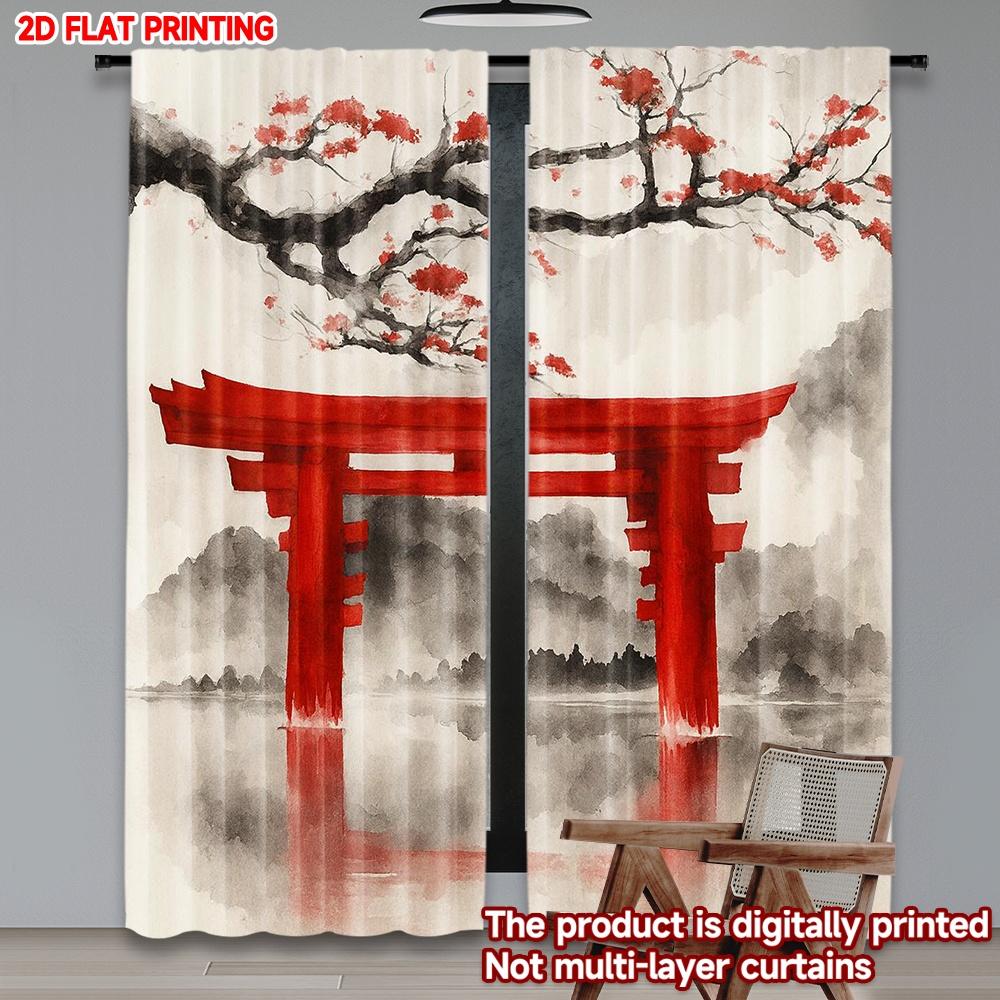 Set Of 2 Flat Printing Scene Curtains Cherry Blossoms Over Torii Gate Digital Printed Polyester Drapes Holiday Decorations Curtain