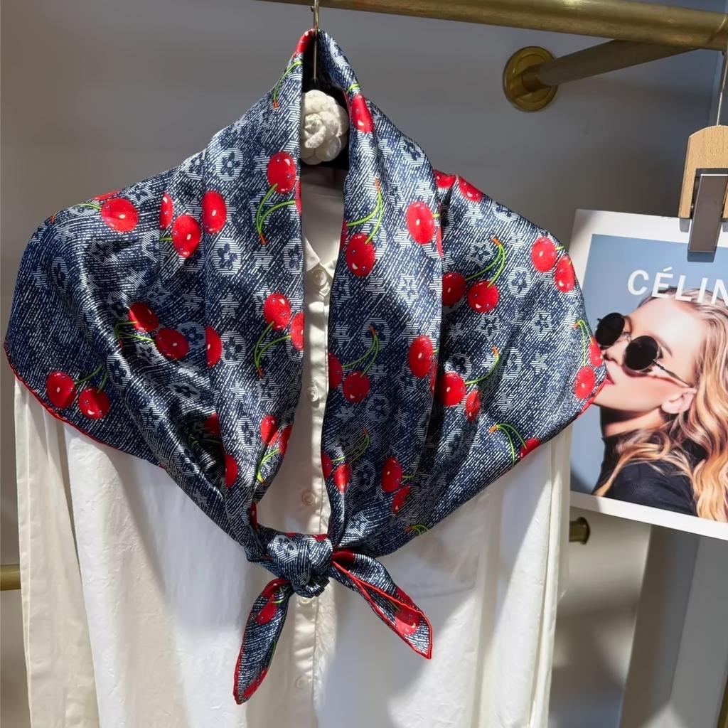 Navy Blue Red Women Pure Silk Scarves Hijabs Elegant Cherry Design 100% Mulberry Silk Square Neck Scarf Shawl 86*86cm