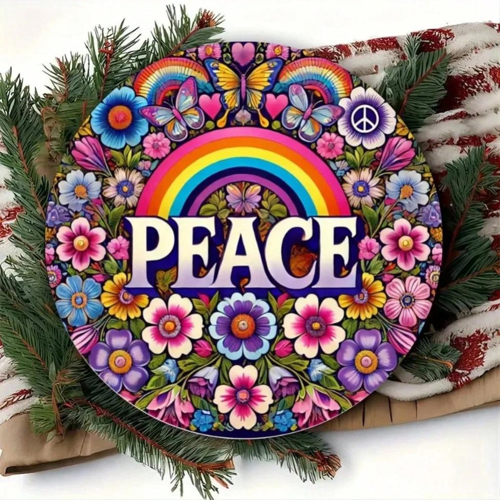 Colorful Floral Rainbow Peace Sign Premium Metal Wall Art for Home Decor Gift