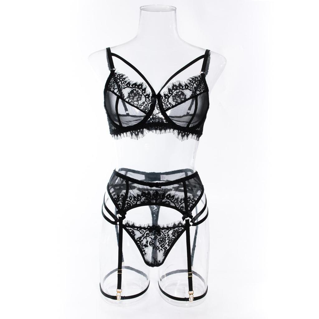 Hot-Selling Mesh Lace Patchwork Lingerie Set: Sexy See-Through Push-Up Four-Piece for Women