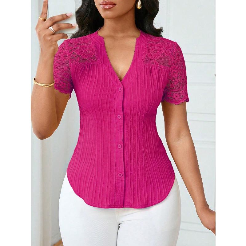 YYFS Damenmode, lässig, Sommer, Frühling, einfarbig, bedruckt, kurzärmelig, V-Ausschnitt, Blusen und Hemden