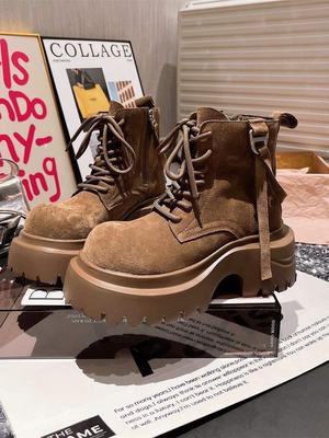 Martin Boots Women's 2025 Frosted Autumn Muffin New Thick-soled Heightening Locomotive Retro Boots Lace-up Short Boots