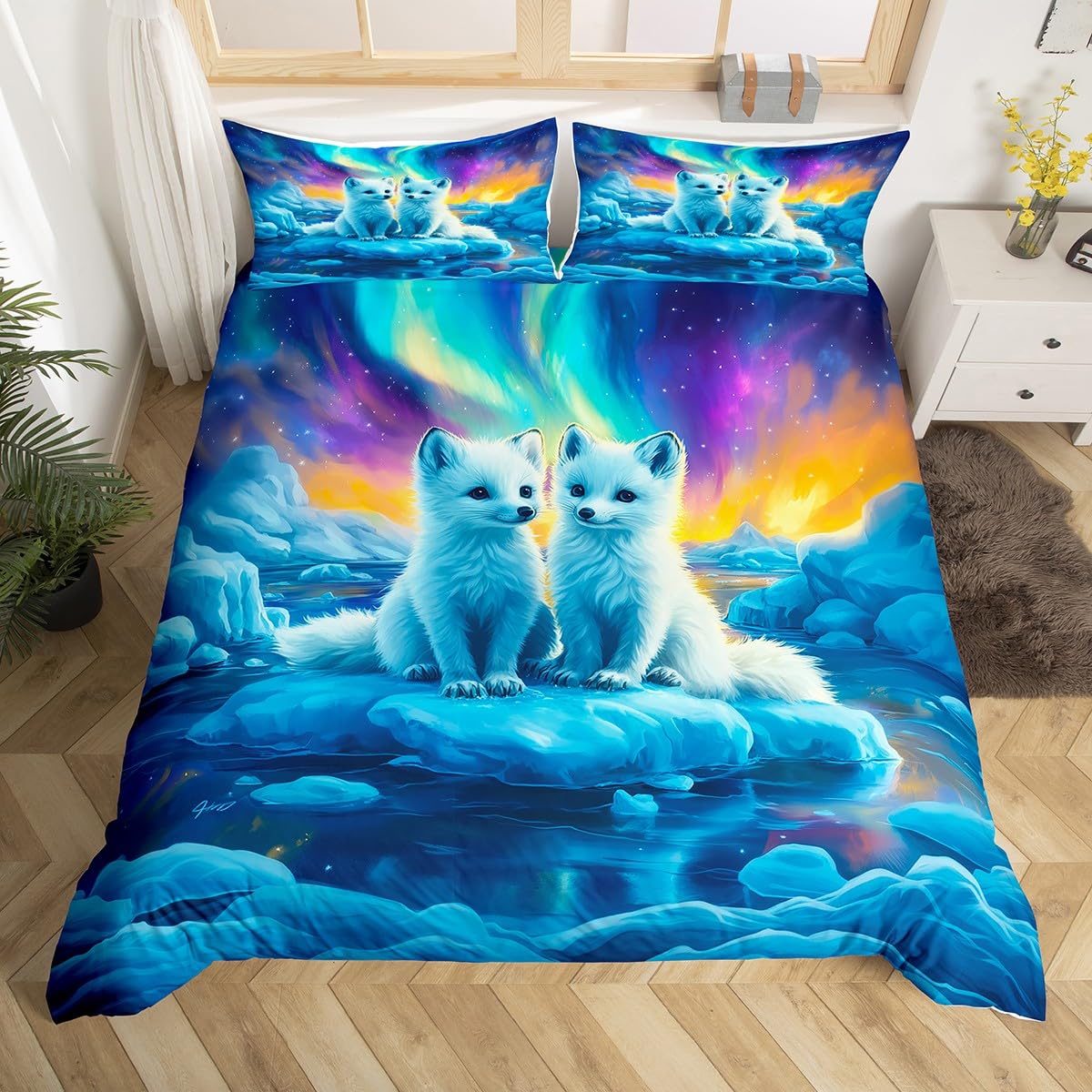 

Adorable Lovely Animal Soft Duvet Cover Set Twin Quen Rabit Fox Rustic Beding Set, Stary Sky Galaxy Northern Lights Dreamy Warm Comforter Cover 100*200cm Single