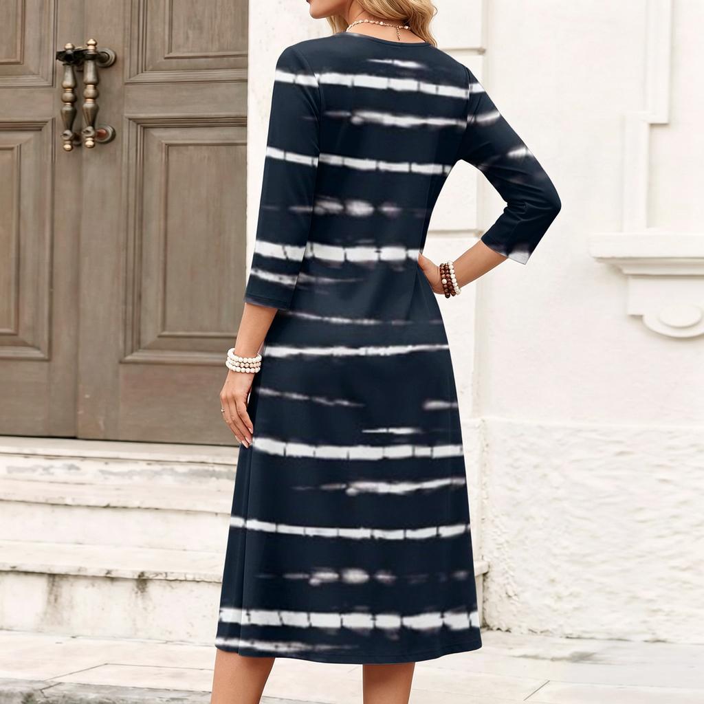 Women's Striped Print V-Neck Three-Quarter Sleeve Casual Dress