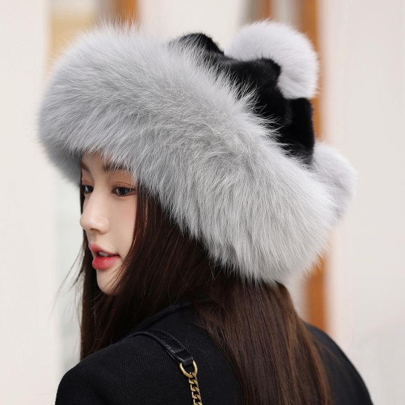 

Норкова шапка жіноча осінь-зима песець навушник нова норкова шапка навушник жіноча волосяна шапка XL（60-61cm） чорний