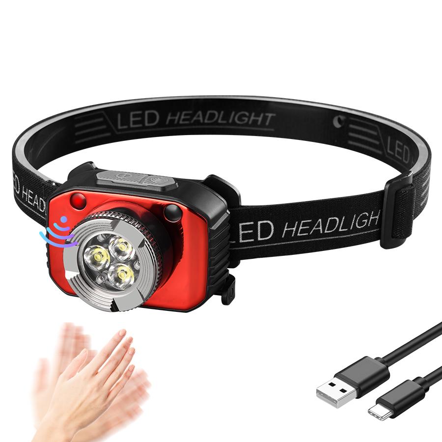 Powerful 3LED Motion Sensor Headlamp Rechargeable Head Flashlight Built In Battery Outdoor Portable Camping Fishing Headlight