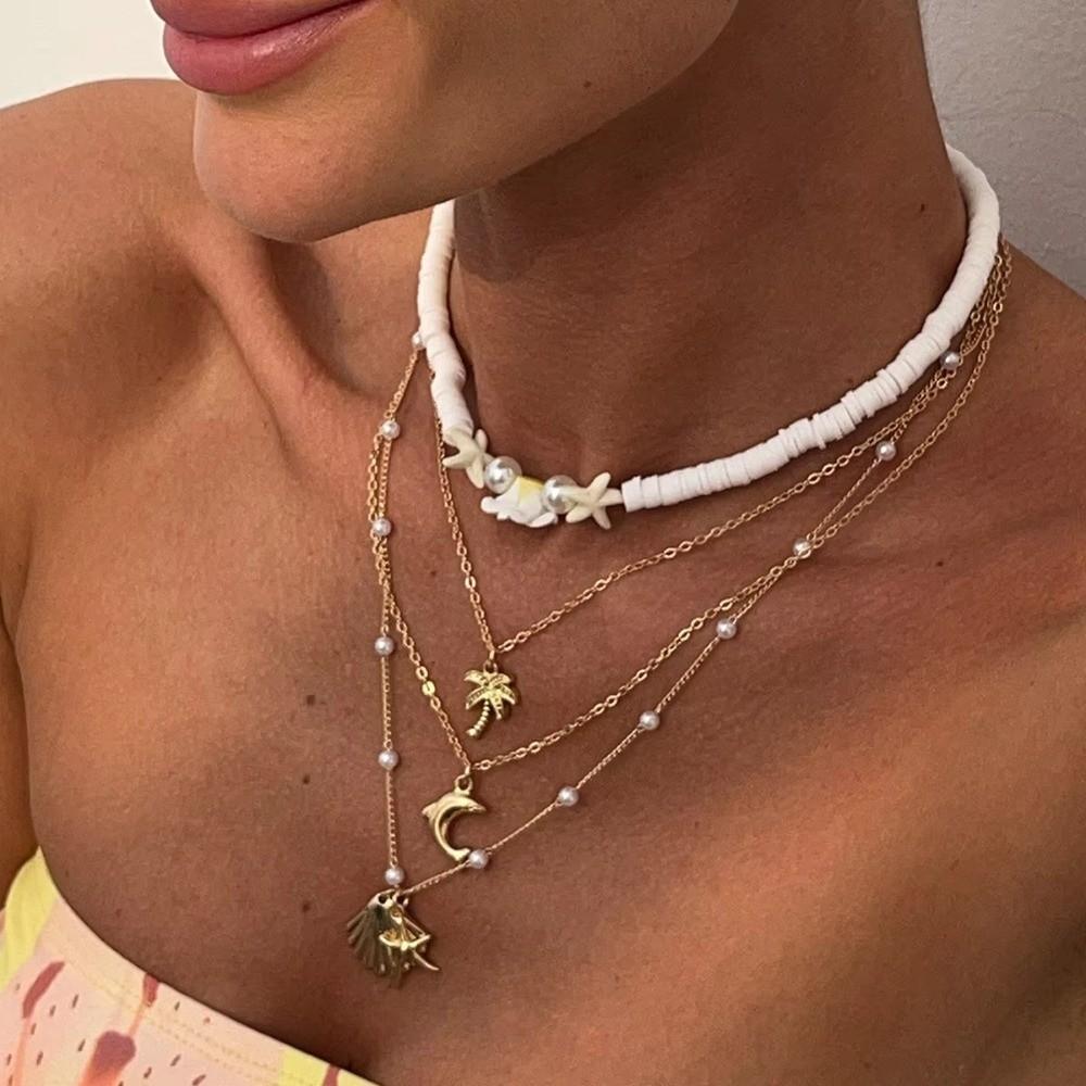 Multi-layer Boho Choker Jewelry Starfish Ocean Shell Bead Necklace Collarbone Chain  Female Fashion