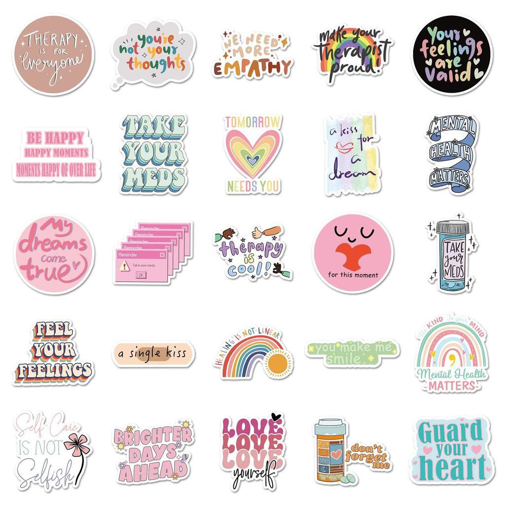 50 Mental Health Stickers: Inspirational English Phrases, Waterproof Decorative Journal Decals