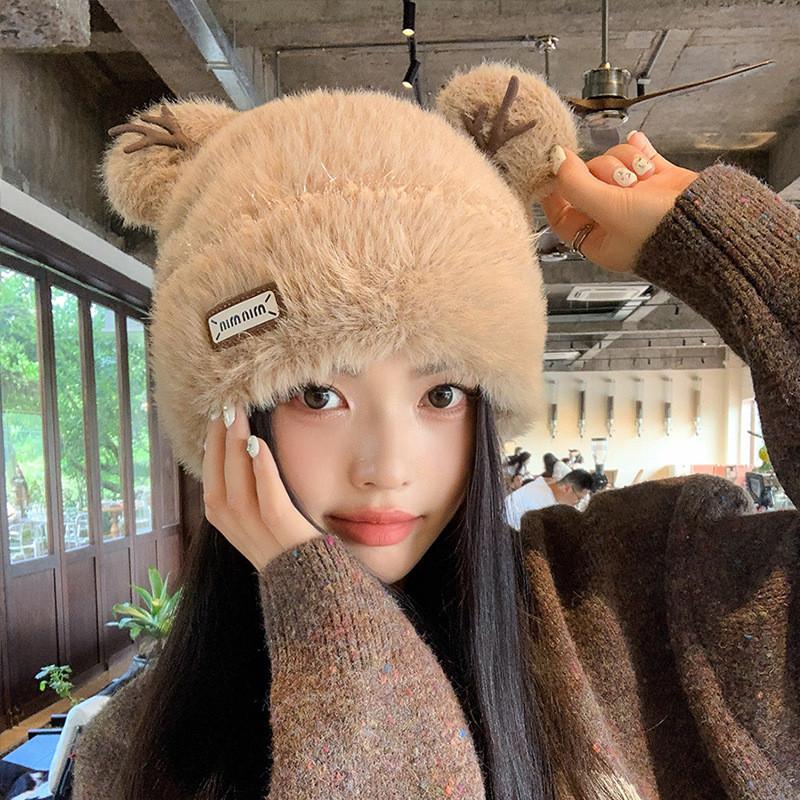 Christmas Reindeer Ears Knit Beanie For Women With Warm Fleece Winter Headgear Style A