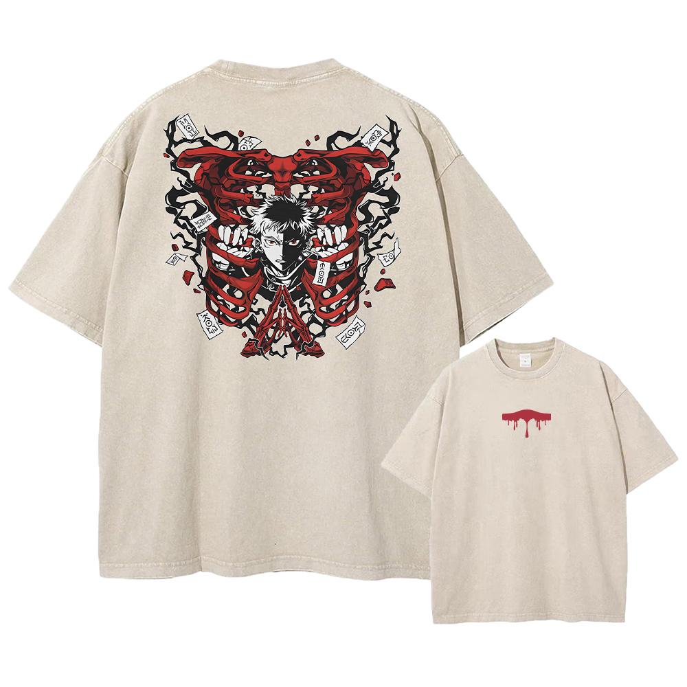 Men Streetwear Washed Acid Oversized T Shirt Japanese Anime Retro Worn Graphic Print T-Shirt Cotton Short Sleeve Tees