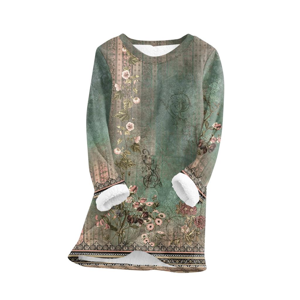 Dame Moteabel Trykket Rund Hals Langermet Plysj Varm Genser Topp