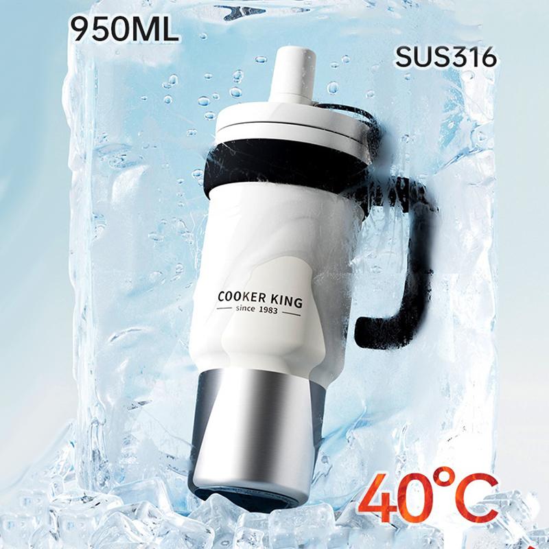 COOKER KING 950ml Stainless Steel Insulated Cup Straw Thermos Cup Large Capacity Travel Car Coffee Mug for Hot or Cold Drinks