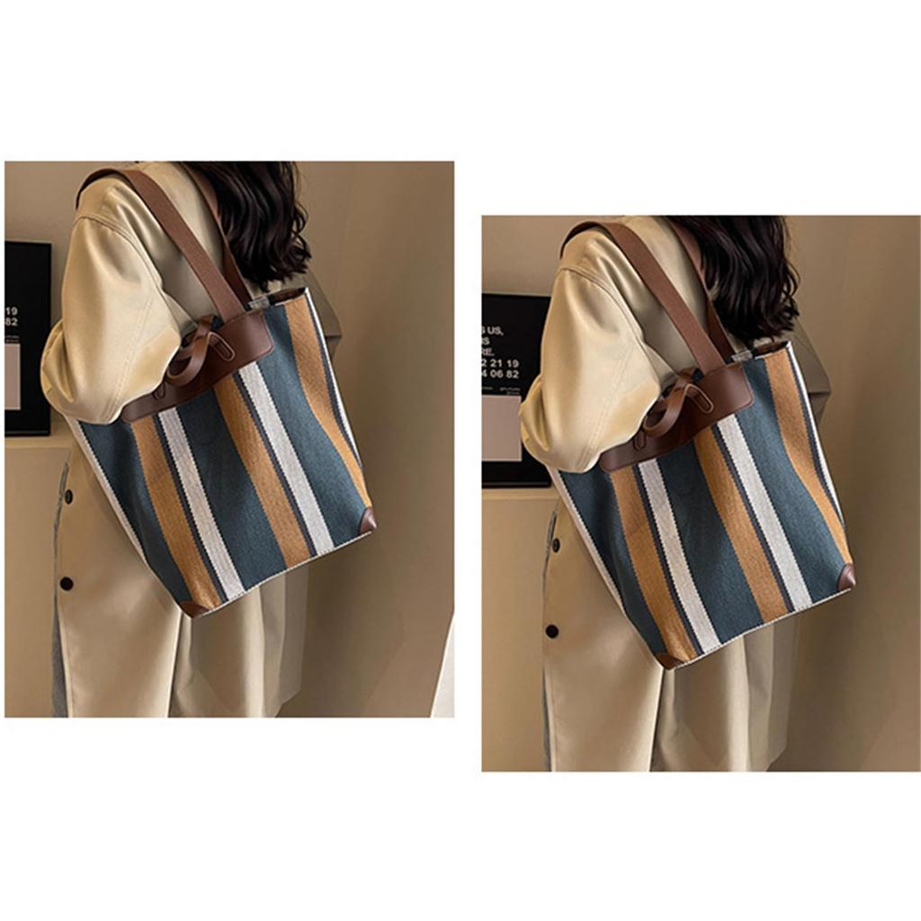 KSLAT Women's Shoulder Bag, Tote Bag, Large Capacity, Canvas Bag, A4 Size, Striped Pattern, Casual and Cute, Perfect for Travel, Commuting, School,