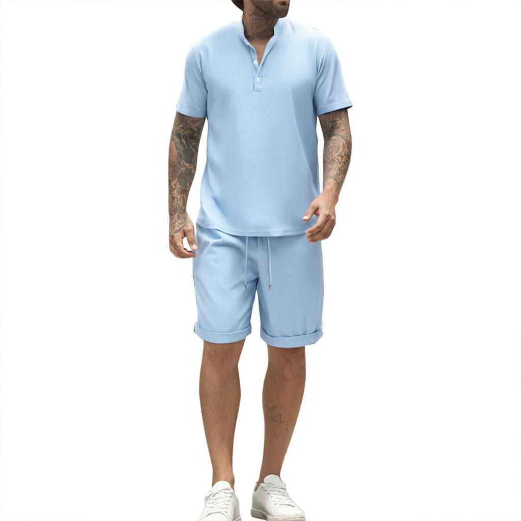Men's Summer Solid Color Loose Short Sleeve Button Collar Top Shorts Set