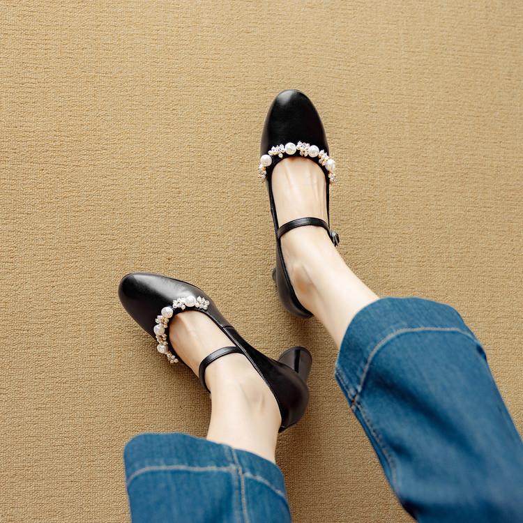 Great Good To Wear French Light Mouth Single Shoes Women's Spring and Autumn Pearl Round Head High Heels Thick Heel Leather Beige Mary Jane Shoes