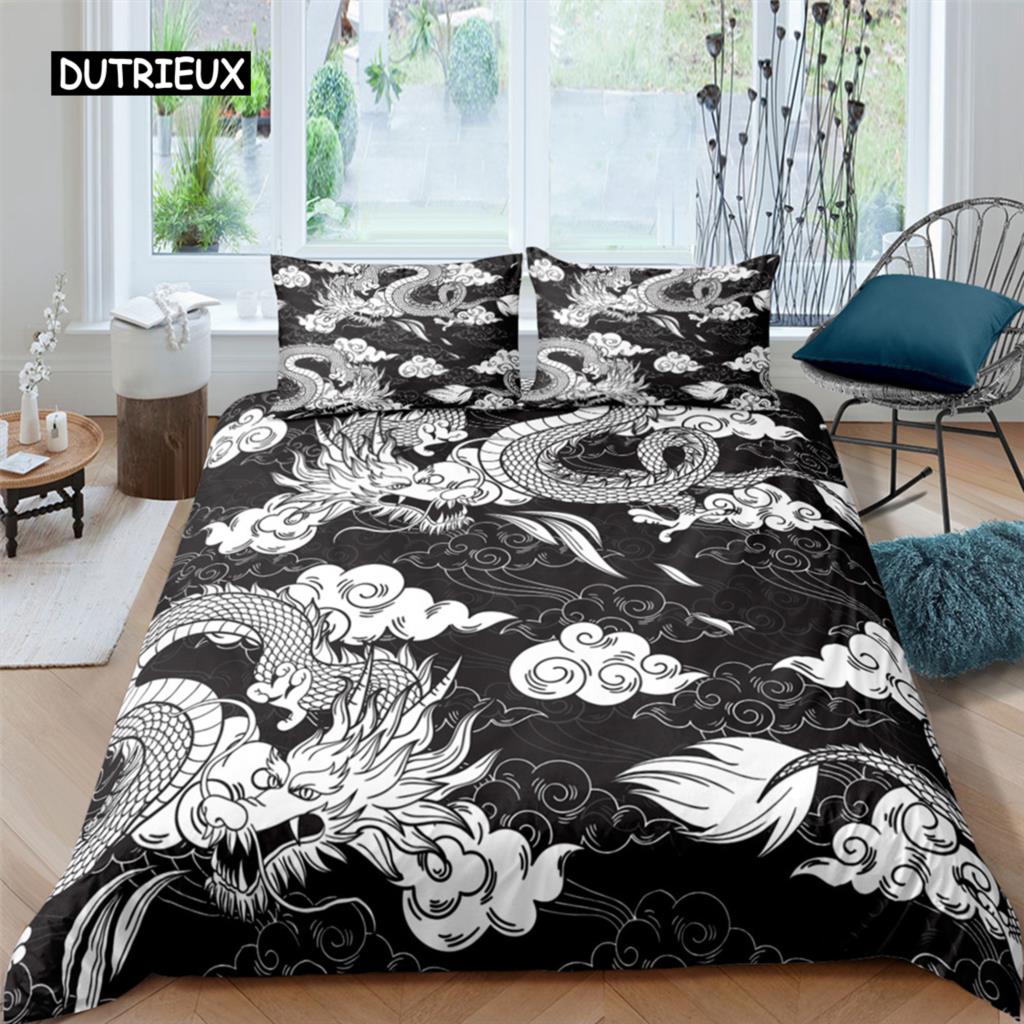 Sada ložního prádla 3D Dragon tisk Povlečení Povlak na přikrývku s povlakem na polštář Polyesterový povlak na přikrývku King Queen Twin Bytový textil