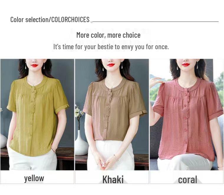 Spring/Summer 2025 Cotton-Linen Loose Slimming Round Neck Solid Color Blouse for Moms