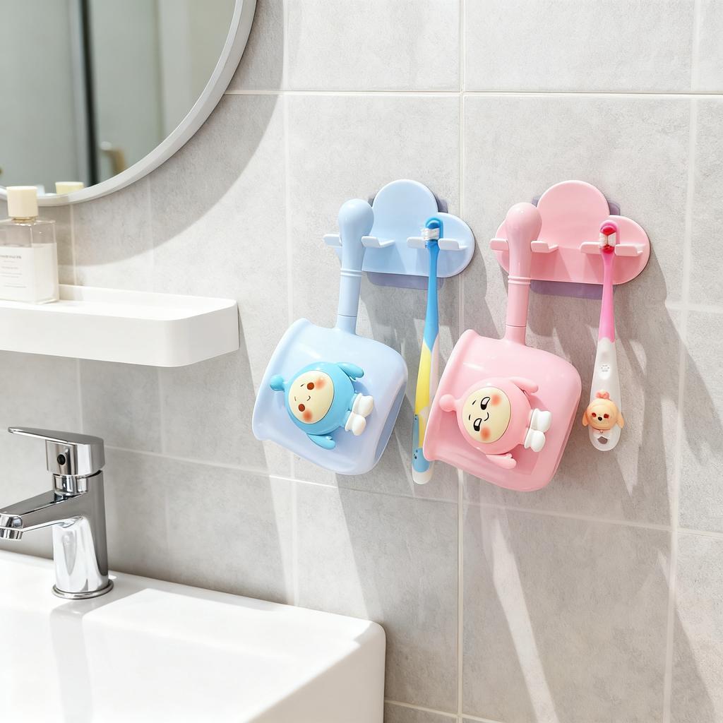Wall Mounted Toothbrush Cup Holder Organizer Set For Children Bathroom Storage Rack With Toothbrush