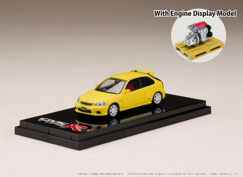 HJ64 Scale Honda Civic Type R Sunshine Yellow with Engine Display Model 1/64 (EK9) (Assembled)