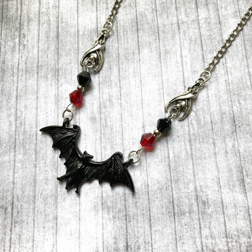 Gothic Personality Red Crystal Beads Vampire Black Bat Pendant Necklace for Women Men Hallowmas Party Collar Chain Jewelry Gifts