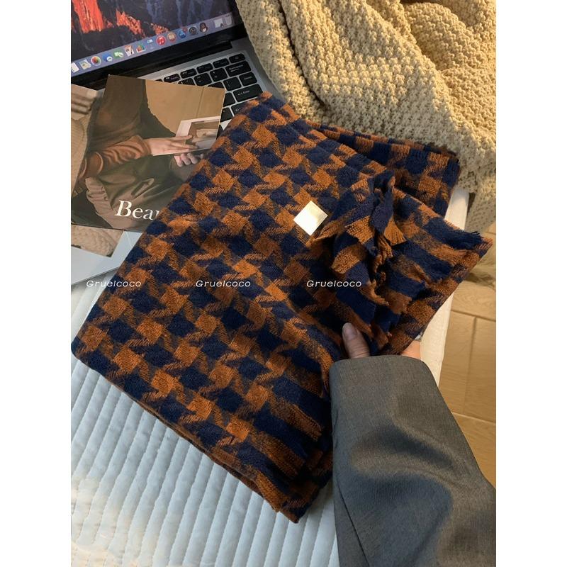 Houndstooth Scarf Women's Autumn and Winter Korean Version Versatile Niche Thickened Imitation Cashmere Large Shawl Dual Purpose Plaid Scarf Trendy