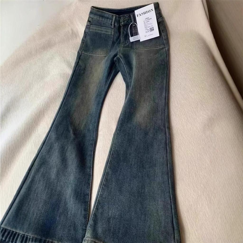 Damen Zementgraue Retro Micro-Flared Fleecegefütterte High-Waist Jeans - Übergröße, Bodenlang, Schlankmachend, Herbst/Winter-Bekleidung.