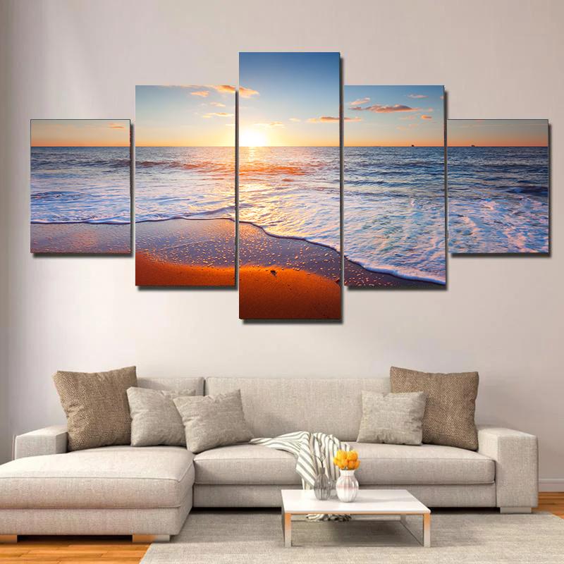 5 pieces Seaside Landscape Canvas Painting, Sunrise, Sunset, Coconut Trees and Ocean Waves, For Home Room Hotel Decor, No Frame
