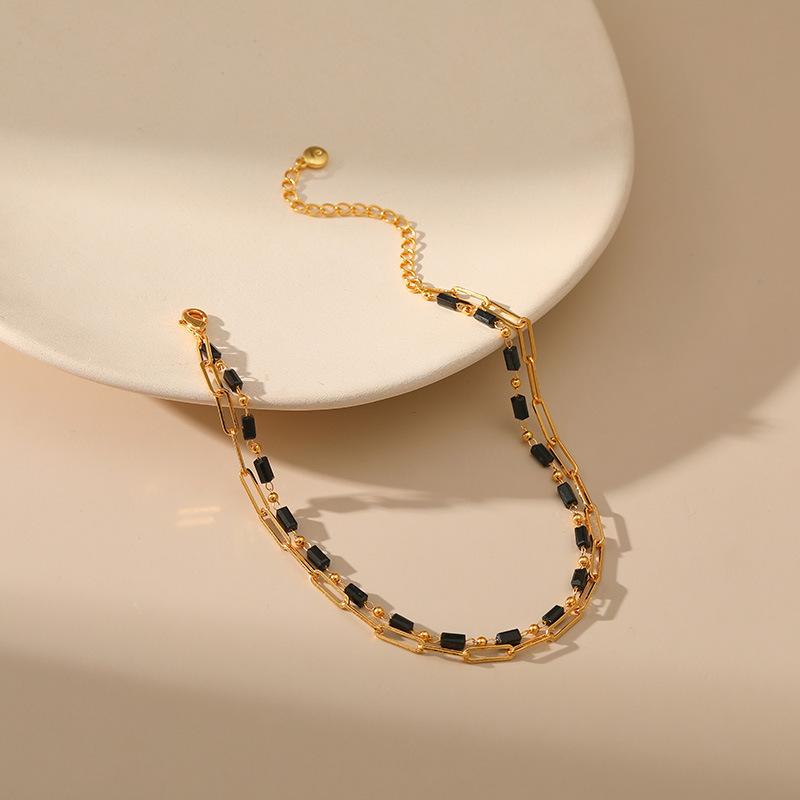 Women 18k Gold Plated Copper Double Layer Anklet With Black Acrylic Bead Extender Design