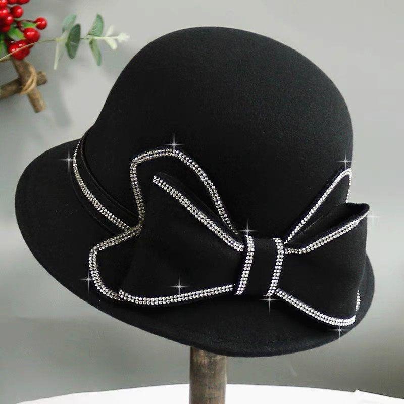 Autumn and Winter Ladies' Handmade Large Bow Pure Wool Beanie Hat Elegant and Versatile Small Rolled Edge Basin Hat for Women