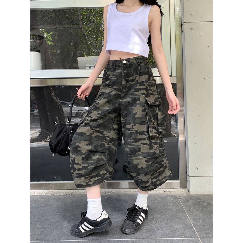 Kumikumi American Camouflage High Waist Cargo Jeans Women's Autumn Retro Washed Straight-leg Cropped Pants Loose Pants
