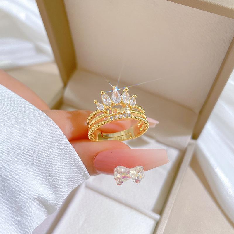 Real Gold Love Crown Full Diamond Ring Opening Adjustable Simple Jewelry Japanese Ring Couple Ring