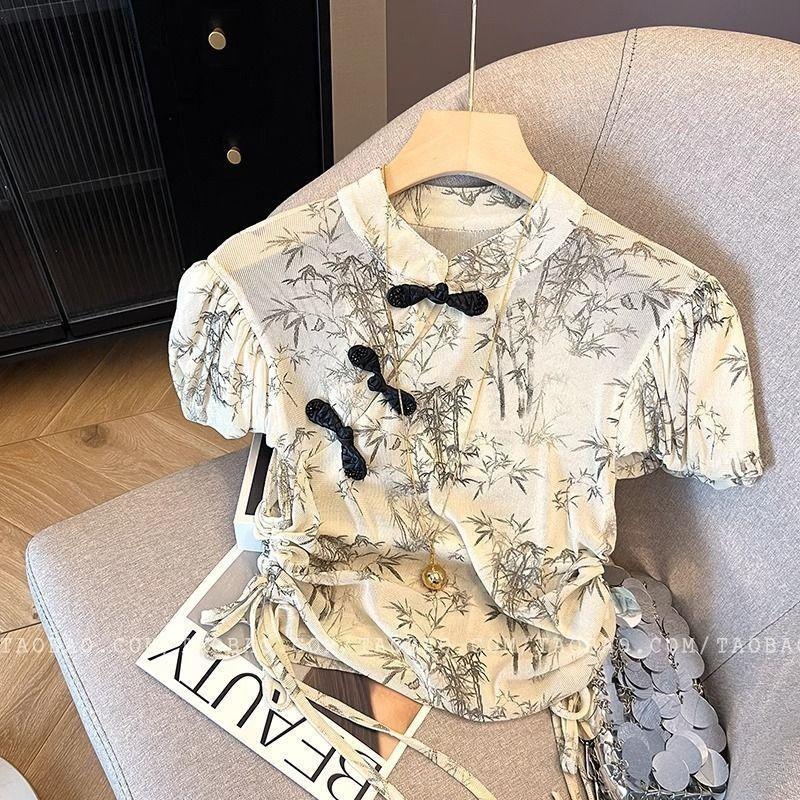 

2025 лето и летний приталенный топ с рукавами-пузырями, улучшенный ципао, рубашка на кулиске с принтом бамбуковых листьев, женская 3XL [Recommended 138-150