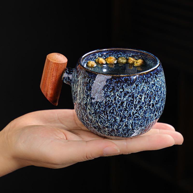 Kiln Change Ceramic Tea Cup with Wooden Handle Creativity Milk Cup Suitable for Office and Home