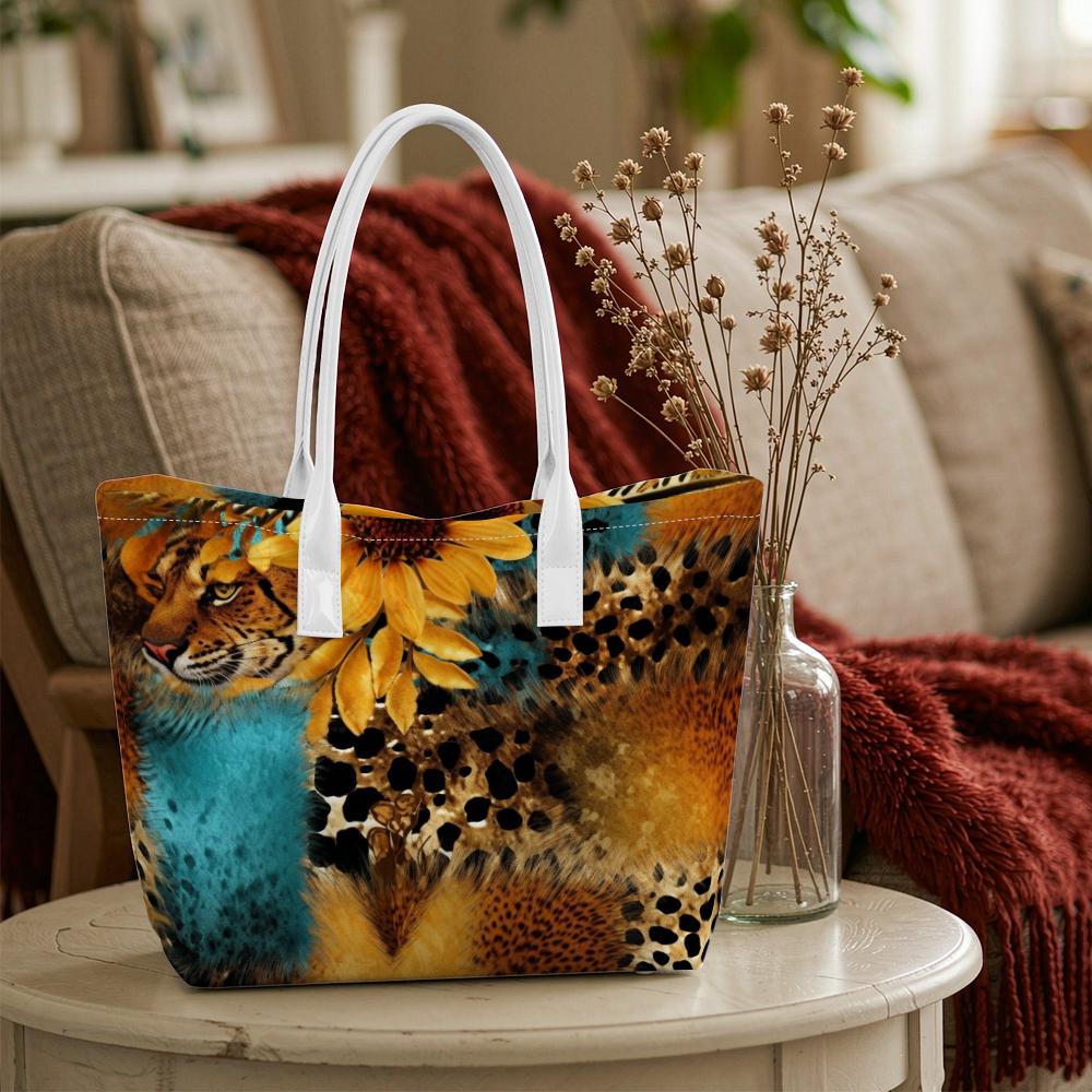 Leopard Sunflower Print Tote Bag Stylish Daily Shoulder Bag for Ladies