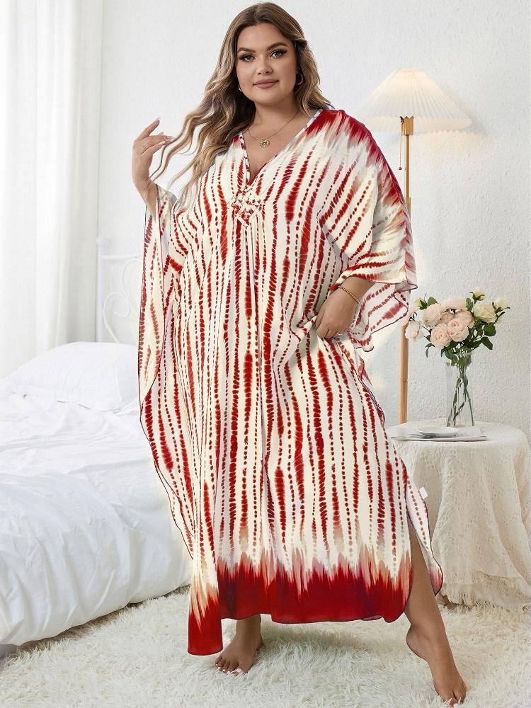 EDOLYNSA Red Striped Women's Kaftan Bohemian V-neck Chinese Knot Auspicious Knot Long Dress Robe Bathing Suit Cover Up Outfit Q1297