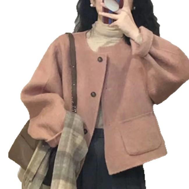 Korean Petite High-Waisted Wool Coat - Pink Short Jacket for Autumn/Winter