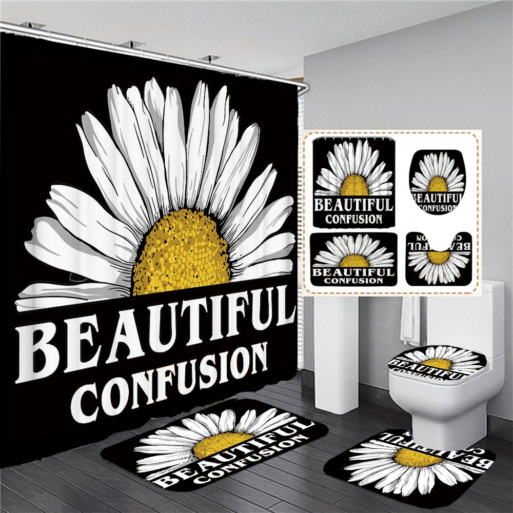 

Yellow Art Sunflower Black Shower Curtains Flowers 3D Print Toilet Cover Bath Mat Non-Slip Rug Set Bathroom Curtain With Hooks W60H190(CM)-1 Pcs