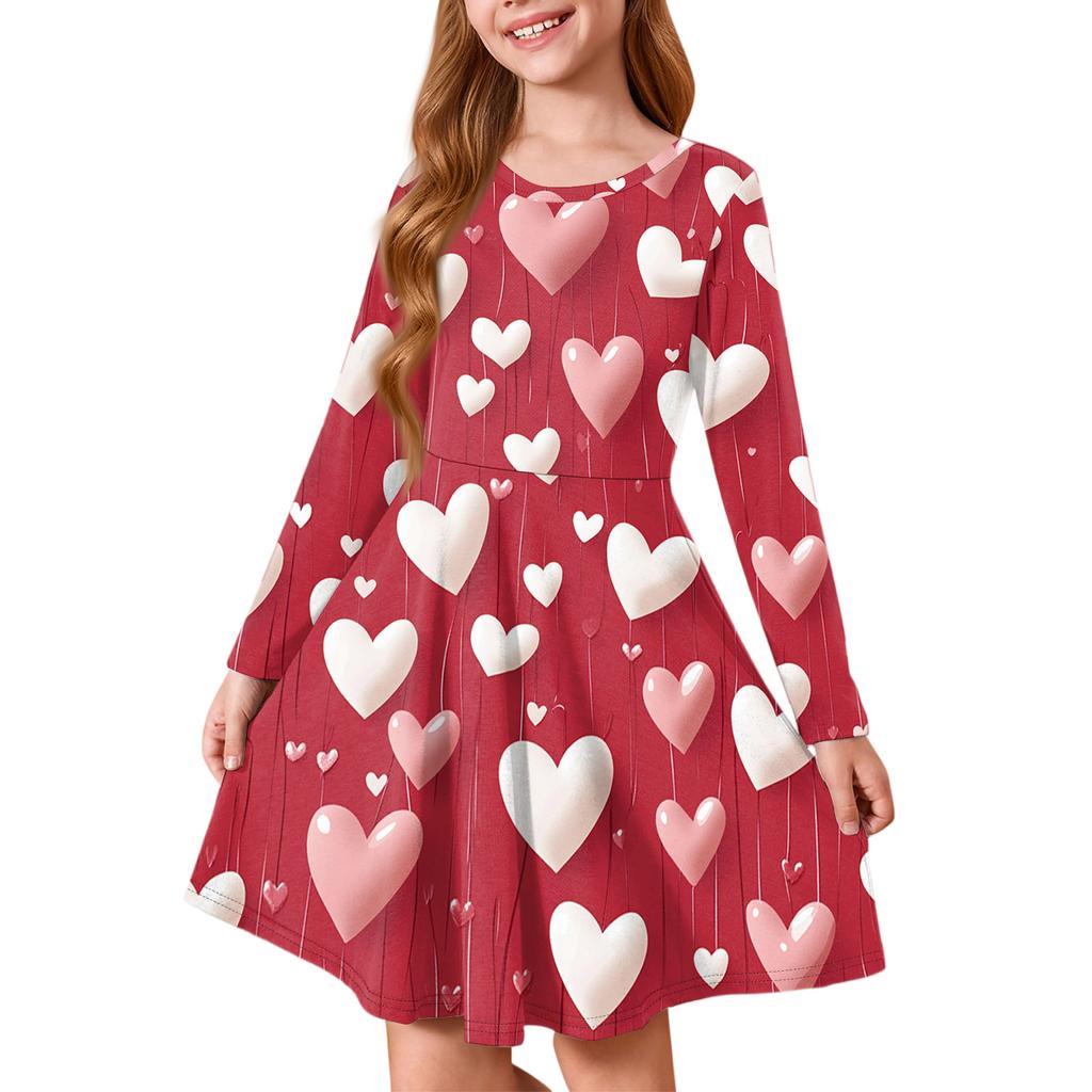 Girls' Summer Princess Dress - Long Sleeve A-Line T-Shirt Dress Valentine's Day