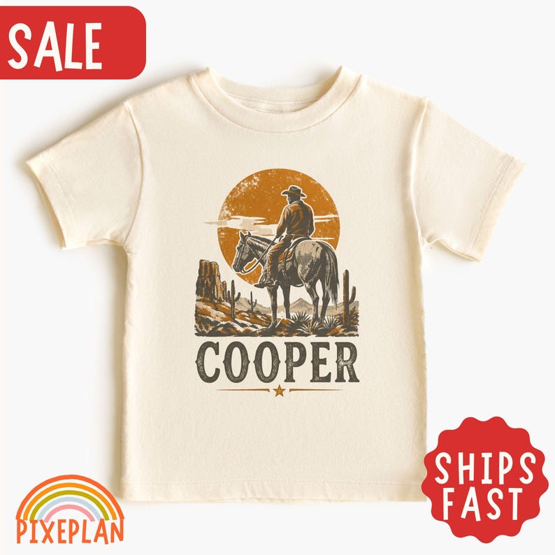 Personalized Cowboy Toddler Shirt, Custom Name Western Kids Tee, Rodeo Boy Shirt, Wild West Birthday Gift, Desert Sunset Tee, Country Tee
