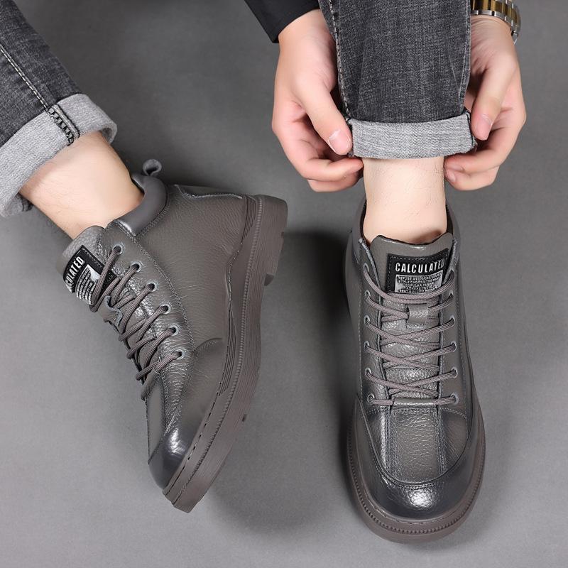 Winter new men's cotton shoes leather wool warm men's shoes high-top casual velvet men's leather shoes