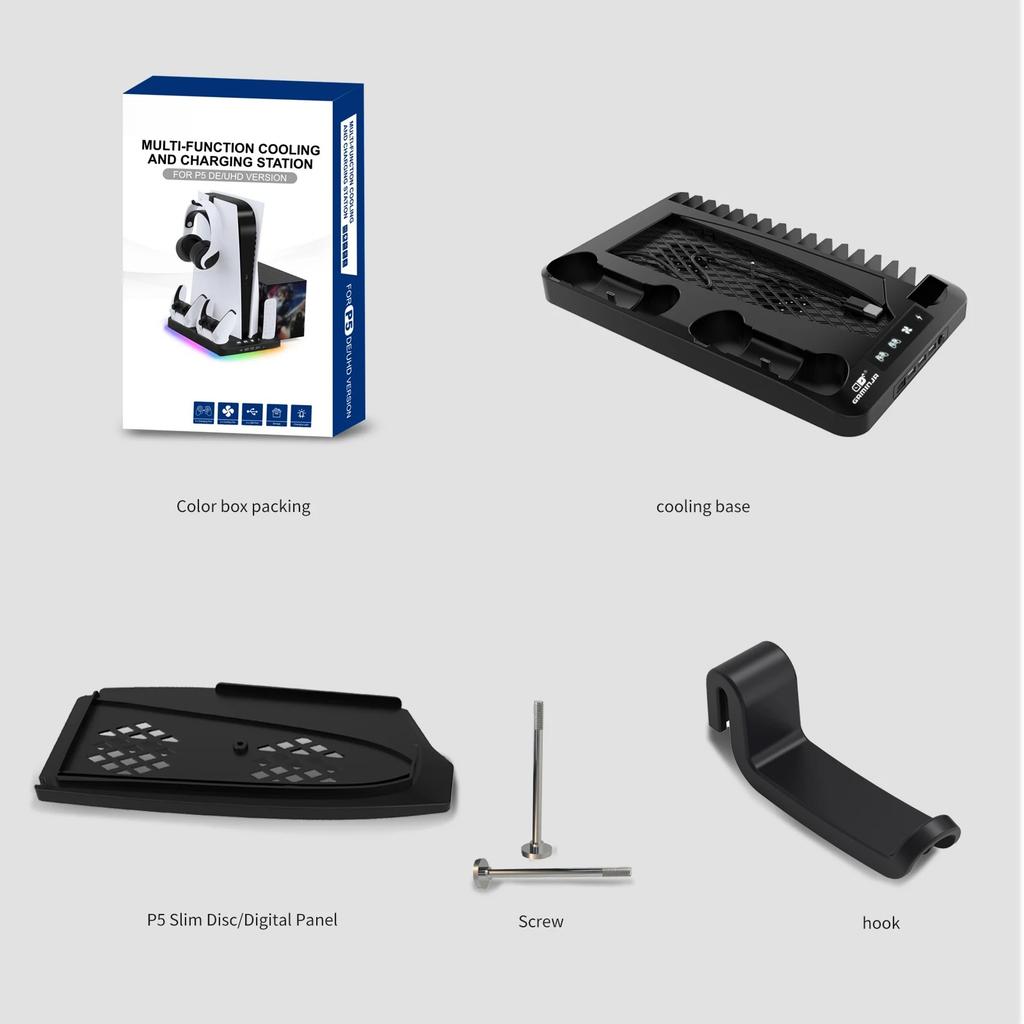 Cooling Stand for PS5/PS5 Slim/PS5 Pro with Headphone Hook and 3-Level Cooling Fan Controller Charging Station Gaming Consoles