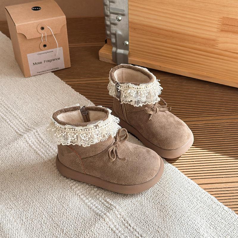 

Korean-style girls plush bow short boots, new autumn and winter children s shoes, girls princess cotton shoes, baby shoes 22 хаки