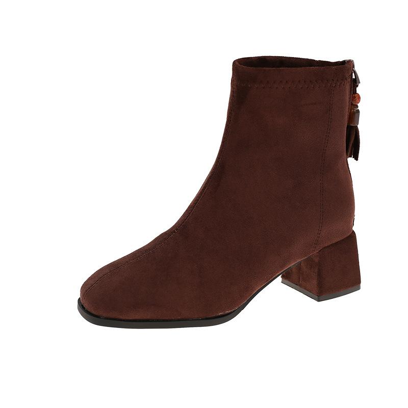 French 2025 Autumn and Winter New Thick Heel Round Head Thin Middle Heel Back Zipper Suede High Heel Fashion Boots Women