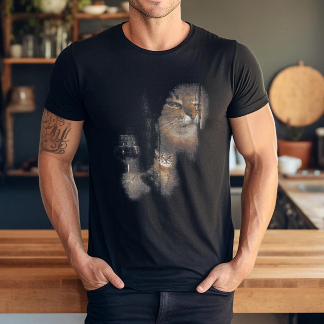 Funny Cat And Wine Art Print Short T-Shirt XL