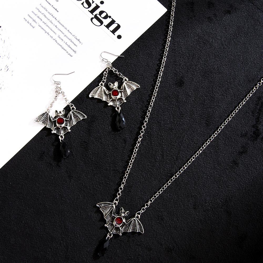 New Dark Gothic Bat Cross Pendant Earrings Necklace Sets For Women Vintage Copper Color Punk Goth Wizard Zircon Accessories