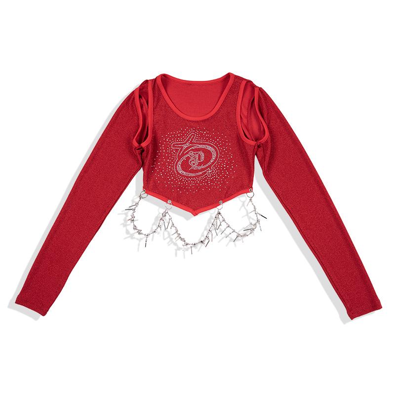 Girls' Trendy Sequin Rhinestone Dance Set: Long Sleeve T-Shirt and Pants for Street Dance Performance