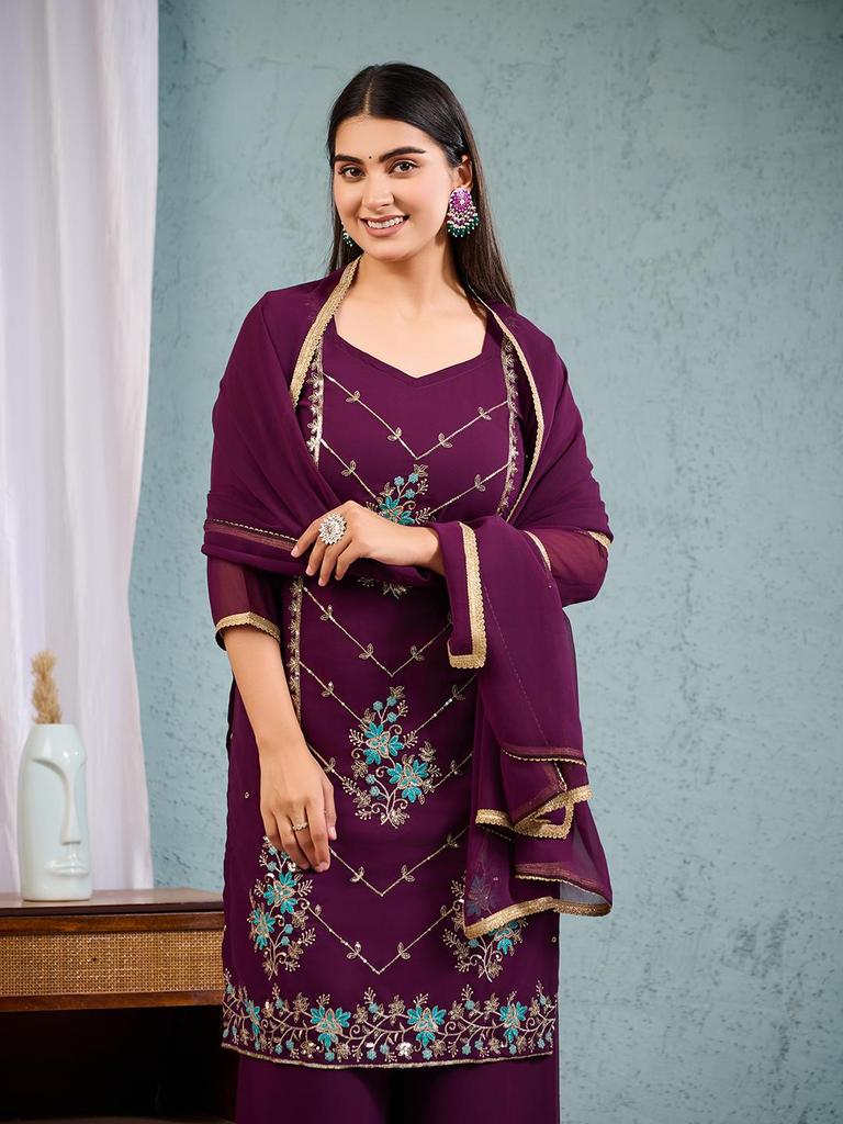 Women Wine Embroidered Kurta Palazzo Set with Dupatta Ethnic Party Wear Indian Suit